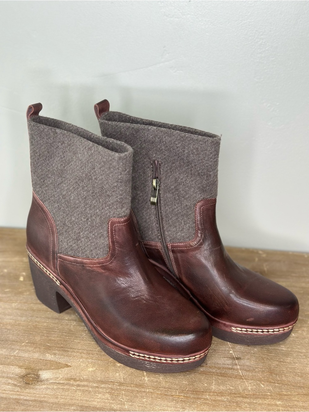 Antelope "SATO" platform boots in distressed chocolate leather and felt.Sz 41